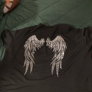 SHEIN Black Curvy Tee with Rhinestone Angel Wings Accent